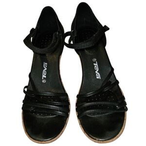 Teva Black Leather Wedge Sandals Women's Size 8